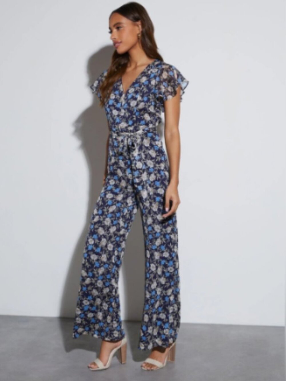 Fate Womens Sz Small Pamela Floral Jumpsuit Black Gray Blue Short Flutter Sleeve